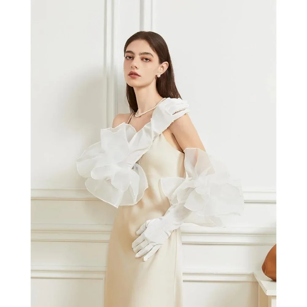 Women's Velvet White 50cm Satin Tulle  Puff Long Gloves Banquet Wedding Party